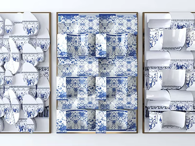 Triple Panel 3D Wall Decor with Traditional Blue and White Intricate Patterns 3d model