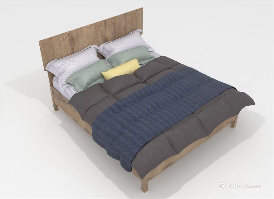Simple Modern Double Bed with Wooden Headboard Multiple Pillows and Navy Blue Gray Comforter 3d model 