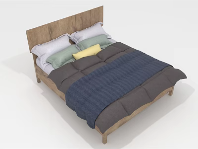 Simple Modern Double Bed with Wooden Headboard Multiple Pillows and Navy Blue Gray Comforter 3d model