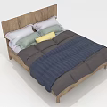 Simple Modern Double Bed with Wooden Headboard Multiple Pillows and Navy Blue Gray Comforter