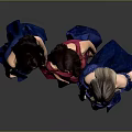Three Women In Blue Red Off Shoulder Long Dresses With High Slit Against Gray Background