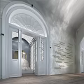 Elegant White Arched Double Doors Opening To Bright Interior With Wall Inscriptions 3d model
