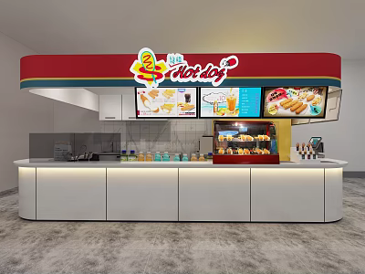 Worldly Restaurant Counter With White Design Digital Screens Showing Burgers Drinks And Cartoon Character Signboard 3d model