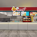 Worldly Restaurant Counter With White Design Digital Screens Showing Burgers Drinks And Cartoon Character Signboard