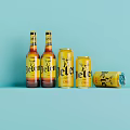 Jelmet Beer Bottles And Cans With Yellow Label Displayed On Light Blue Background