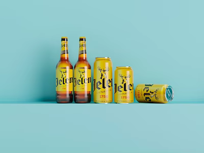 Jelmet Beer Bottles And Cans With Yellow Label Displayed On Light Blue Background 3d model
