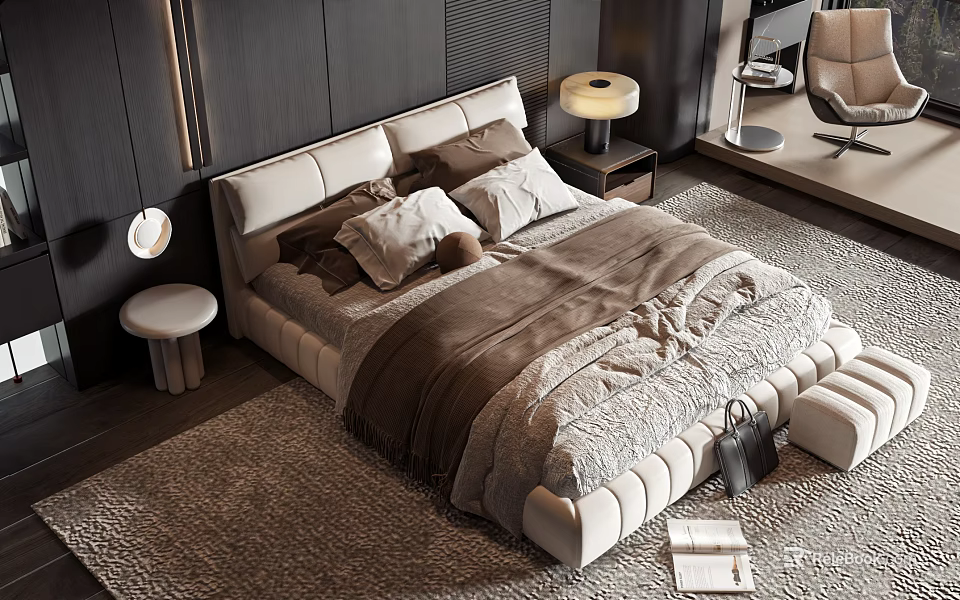 Upholstered Cream Colored Double Bed With Comforter Pillows Nightstand Table Lamp And Modern Bedroom Rug 3d model 