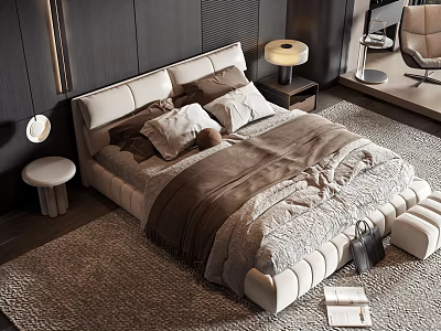 Upholstered Cream Colored Double Bed With Comforter Pillows Nightstand Table Lamp And Modern Bedroom Rug 3d model