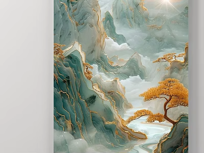 Animal Painting Featuring Mountain Landscape With Clouds Mist Golden Pine And River 3d model