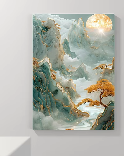 Animal Painting Featuring Mountain Landscape With Clouds Mist Golden Pine And River 3d model