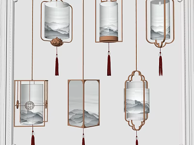 Traditional Chinese Style Chandeliers Featuring Mountain Landscape Patterns Double Happiness Symbol And Red Tassels 3d model