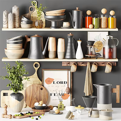 Stylish Kitchenware Display On Shelves With Cutting Boards Kettles Jars And Plants 3d model