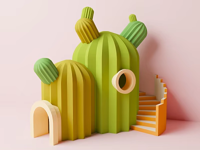 Cactus Shaped Playground Equipment With Green Yellow Structure Stairs And Doorway 3d model