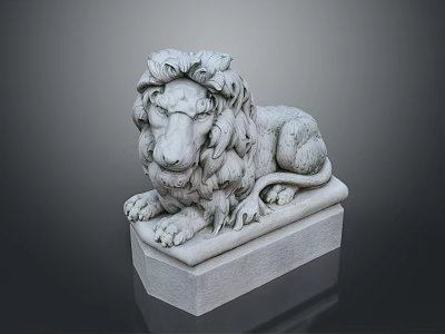 Classic Stone Lion Statue Lying On Square Pedestal With Detailed Mane And Paws 3d model