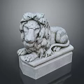 Classic Stone Lion Statue Lying On Square Pedestal With Detailed Mane And Paws