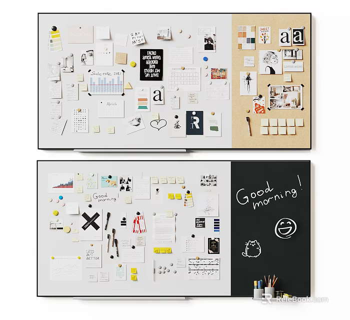 Creative Display Board With Musical Instruments Art Supplies Brushes Paints And Music Sheets 3d model 