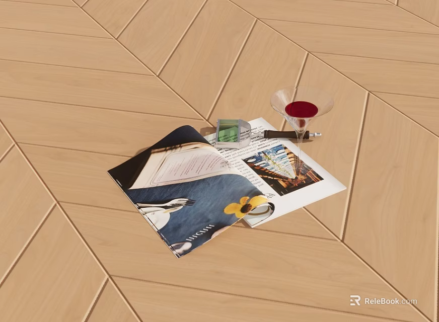 Open Magazine Displaying Colorful Images with Red Wine Glass Green Pen on Wooden Floor 3d model 