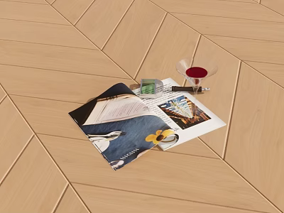 Open Magazine Displaying Colorful Images with Red Wine Glass Green Pen on Wooden Floor 3d model