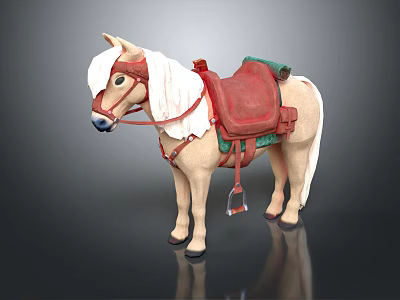 Beige Toy Horse With Red Saddle Green Accents And White Mane 3d model