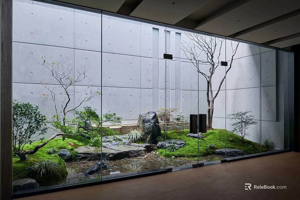 Zen Courtyard Garden With Rock Features Green Plants Water Pond And Trees 3d model 