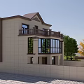 Two Story Detached Villa With Balcony Large Glass Windows Front Porch Green Trees
