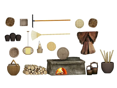 Traditional Rustic Stone Stove With Firewood Woven Baskets And Tools 3d model