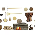 Traditional Rustic Stone Stove With Firewood Woven Baskets And Tools