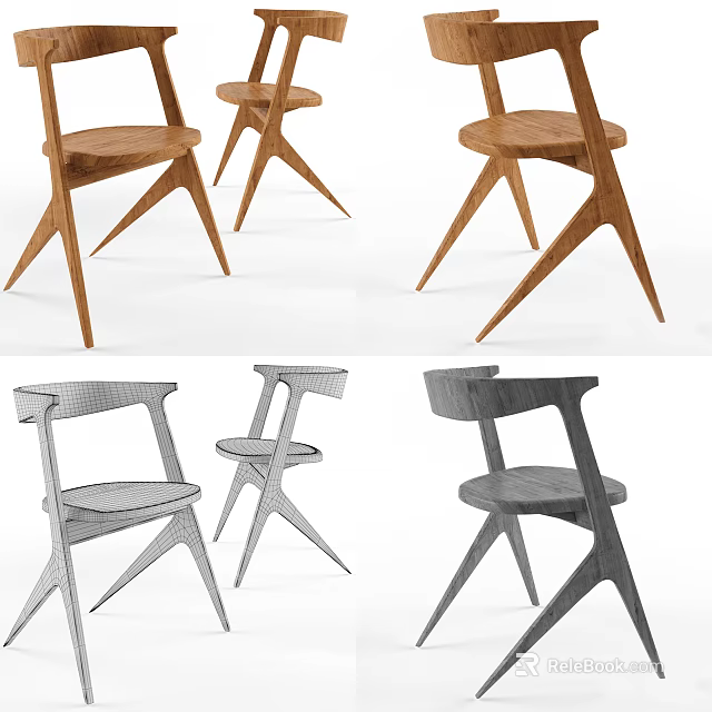 Modern Wooden Dining Chairs With 3D Design Models And Line Renderings 3d model 