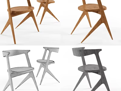 Modern Wooden Dining Chairs With 3D Design Models And Line Renderings 3d model