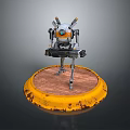 Orange And White Mechanical Robot Standing On Circular Platform With Yellow Edge Brown Rusty Surface 3d model
