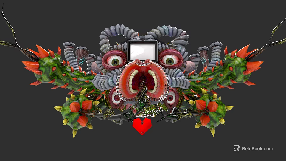 Fantastical Creature Art With Multiple Eyes Open Mouth Red Heart And Mechanical Tentacles 3d model 