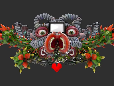 Fantastical Creature Art With Multiple Eyes Open Mouth Red Heart And Mechanical Tentacles 3d model