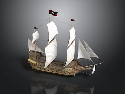 Sailing Ship Model With White Sails Wooden Hull And Black Flags 3d model