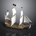 Sailing Ship Model With White Sails Wooden Hull And Black Flags