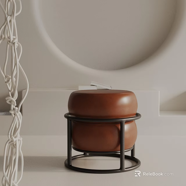 Modern Round Top Brown Leather Side Table With Black Metal Frame Design 3d model 
