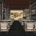 Traditional Chinese Hotpot Restaurant Interior With Wooden Tables Hanging Lamps And Landscape Artwork