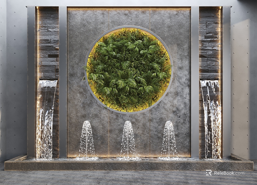 Garden Decor Feature With Circular Green Plant Wall Water Streams And Gray Stone Wall 3d model 