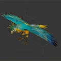 Blue Yellow Parrot With Green Crest White Head And Black Claws Spread Wings Dark Background