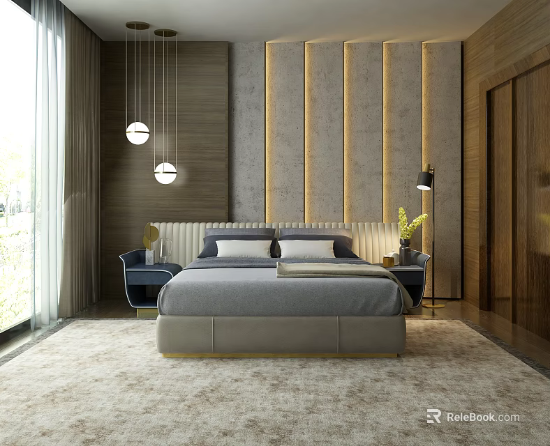Modern Bedroom Interior With Gray Bed Striped Headboard Wooden Walls Nightstands Pendant Lights And Rug 3d model 