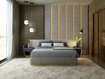 Modern Bedroom Interior With Gray Bed Striped Headboard Wooden Walls Nightstands Pendant Lights And Rug 3d model