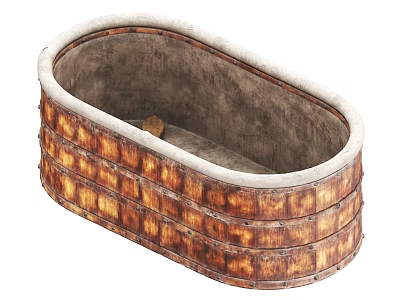 Oval Woven Basket With Brown And White Stripes Gray Interior And Wooden Piece 3d model