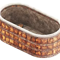 Oval Woven Basket With Brown And White Stripes Gray Interior And Wooden Piece
