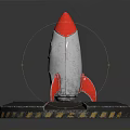 Space Rocket Model with Red Tip Silver Body on Circular Launch Pad and Warning Stripe