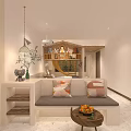 Modern Hotel Room Interior With Sofa Pillows Side Table Bed Pendant Lights And Loft Area