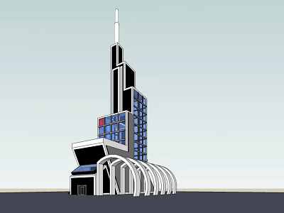 Modern Office Building With Glass Curtain Walls And Arched Entrance Design 3d model