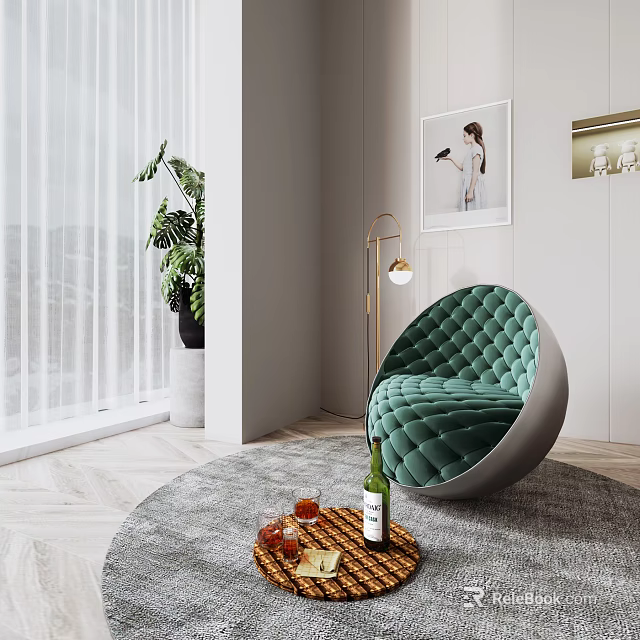 Green Velvet Spherical Accent Chair In Modern Living Room With Floor Lamp And Green Plant 3d model 