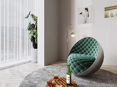 Green Velvet Spherical Accent Chair In Modern Living Room With Floor Lamp And Green Plant 3d model