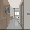 Minimalist Entryway Featuring Wooden Coat Rack Hanging Coats Bench And Gray Tiled Floor