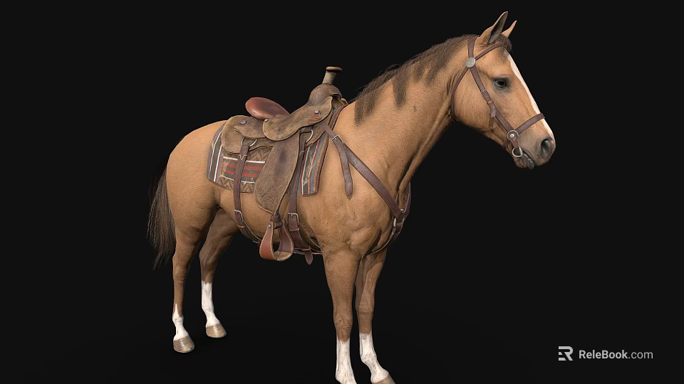 Brown Horse With Leather Saddle And Reins Standing On Black Background 3d model 