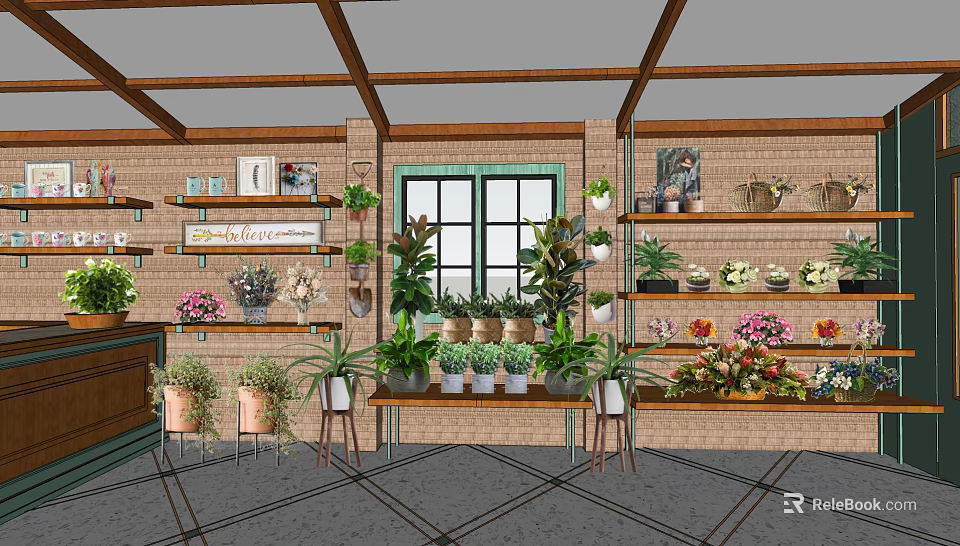 Charming Flower Shop With Brick Walls Wooden Ceiling And Fresh Potted Plants 3d model 